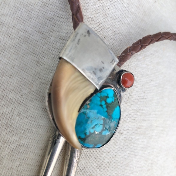Vintage Native American Sterling Bennett Turquoise Carnelian Talon Claw Bolo - Picture 5 of 14